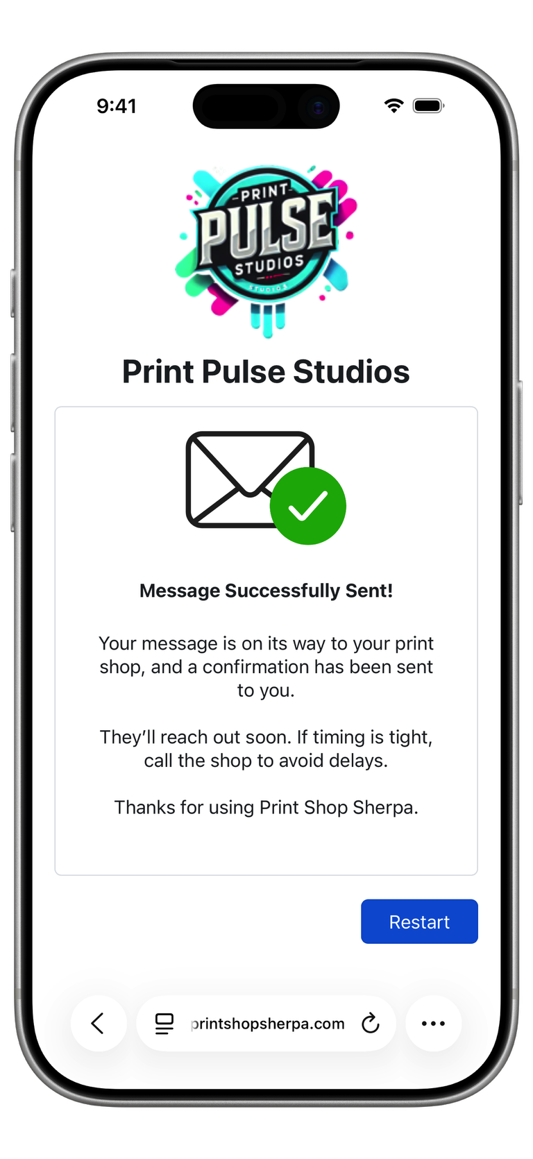Contact Us Sent Screenshot